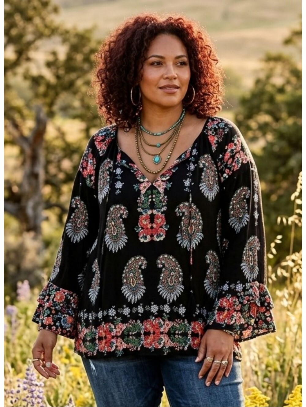 Bila Floral Paisley Peasant Top Black Size XXL